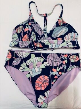 Floral Print Two-Piece Bikini Set - Navy, Lavender, Coral & Mint